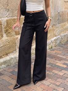 TRNVIE Women's Autumn Black Ultra‑Low‑Waist Straight‑Leg Casual Pants For Outings, Daily‑Wear, Gatherings, Casual‑Vacation & Chic‑Office‑Wear - Black - View 1