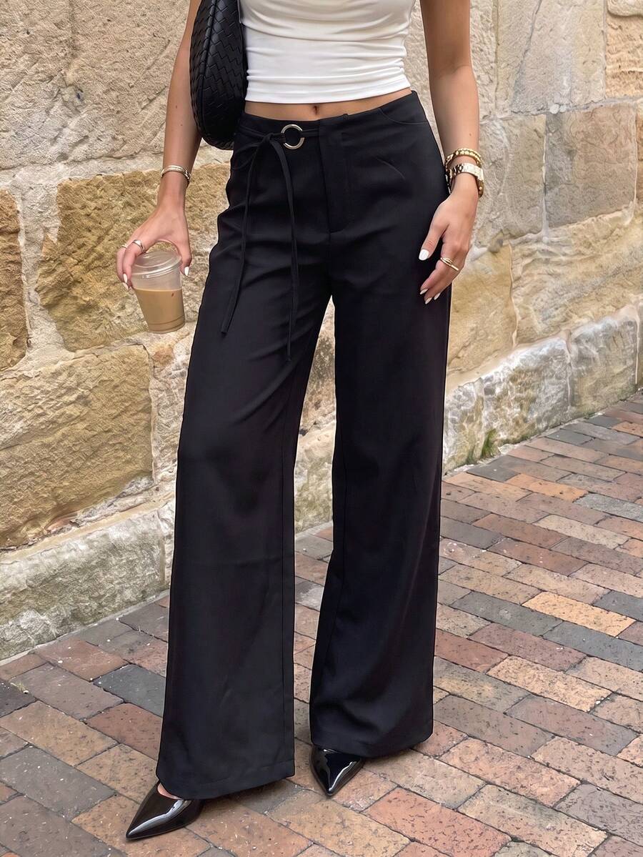 TRNVIE Women's Autumn Black Ultra‑Low‑Waist Straight‑Leg Casual Pants For Outings, Daily‑Wear, Gatherings, Casual‑Vacation & Chic‑Office‑Wear - Black - View 1