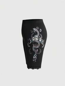 ROMWE Goth 復古深色蛇紋與花卉印花百搭大尺碼緊身褲 - 黑色 - 查看 1
