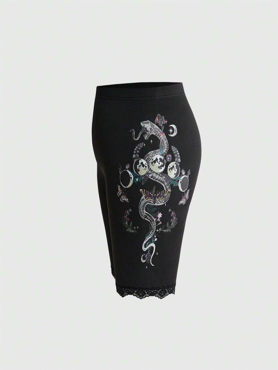 ROMWE Goth 復古深色蛇紋與花卉印花百搭大尺碼緊身褲 - 黑色 - 查看 1