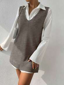 EURMUSE Women's Solid Color V-Neck Sleeveless Sweater Dress - Mocha Brown - View 3