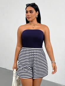 Shapeblank Plus Size Striped Patchwork Bandeau Romper - Navy Blue - View 6