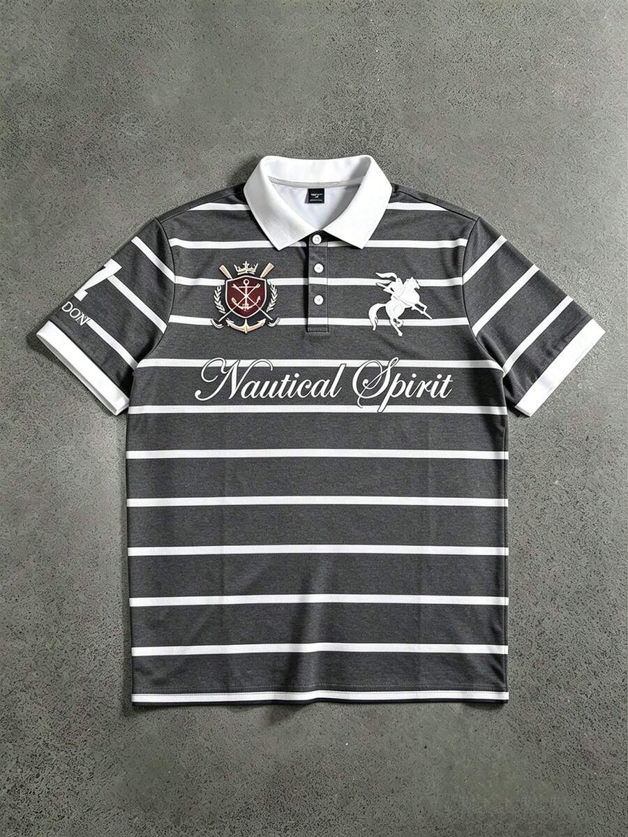 STYNVO 男士條紋字母騎士印花休閒日常短袖 Polo 衫 - 深灰色 - 查看 1