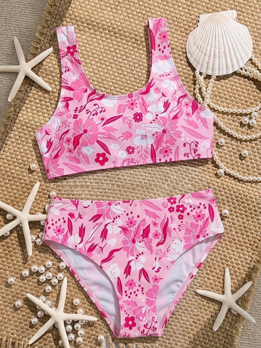 SHEIN Tween Girls' Floral Print V-Neck Sleeveless Summer Bikini Set - Pink - View 1