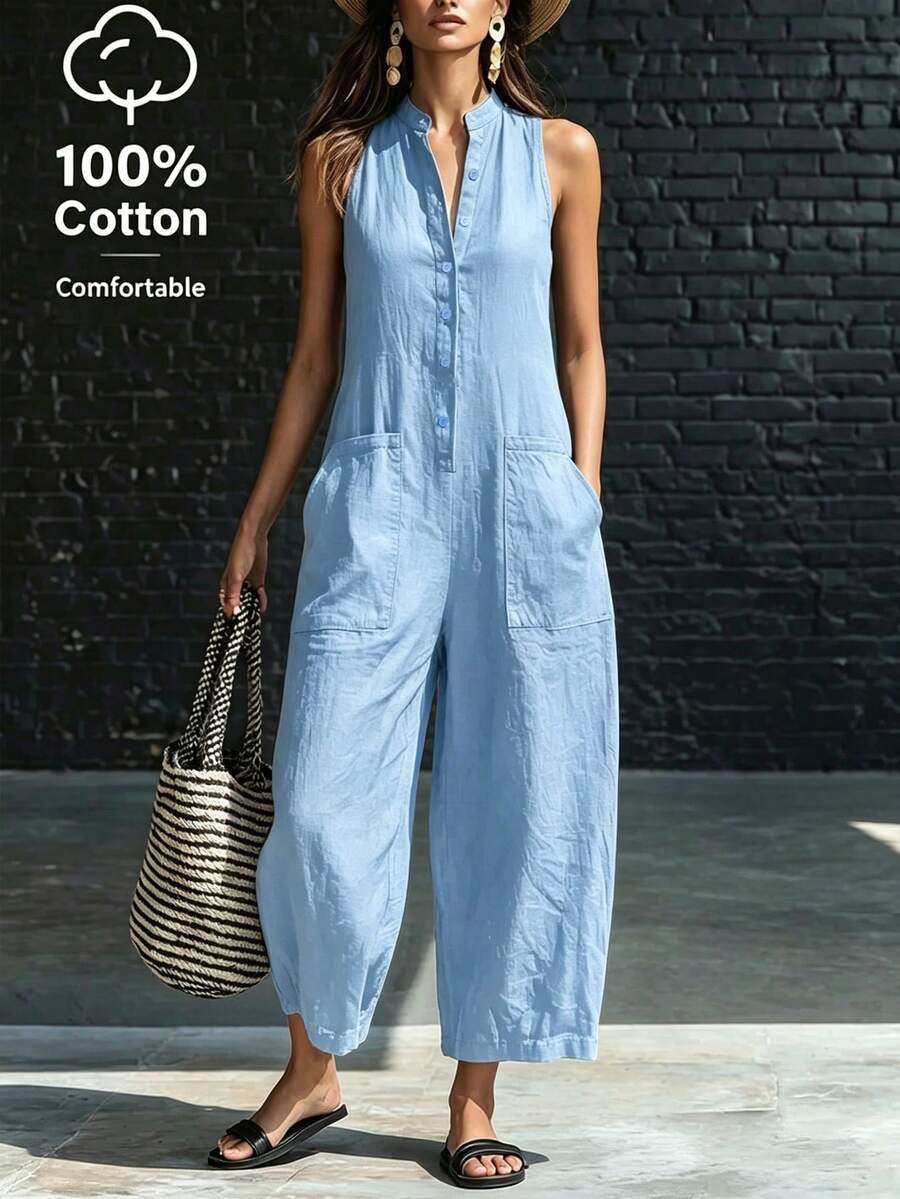 Hotletica Women's Solid Color Pocket Jumpsuit, Fashionable Casual Commute Long Pants - Baby Blue - View 1