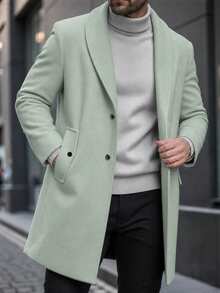 Manfinity Homme 男士純色休閒長袖大衣，口袋設計，適合日常通勤穿著，也是送給男友和丈夫的理想禮物 - 綠色 - 查看 1