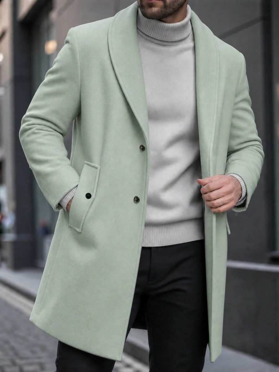 Manfinity Homme 男士純色休閒長袖大衣,口袋設計,適合日常通勤穿著,也是送給男友和丈夫的理想禮物 - 綠色 - 查看 1