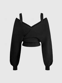 ROMWE Kawaii Plus Size Casual Bow Decor Deep V Off-Shoulder Pullover Sweater - Black - View 3