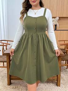 SHEIN CURVE+ Plus Size Women's Solid Color Simple Casual Daily Vacation Dinner Business Pocketed Sling Dress,Summer Dresses Teachers' Day All White Olive Green - Green - View 3