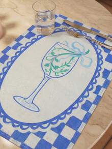 SHEIN 1 Piece, 2 Pieces, 4 Pieces, 6 Pieces, French Pastoral Blue And White Checkerboard Placemat, Linen Fabric Goblet Printed Thermal Insulation Mat, Restaurant Western Food Decorative Table Mat - Blue - View 2