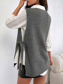 EURMUSE Round Neck Sleeveless Sweater With Pearls - Dark Grey - View 2