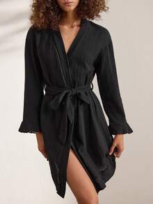 Ocili Comfortable Pure Cotton Soft Mesh Double Layer Robe Women's Loungewear Long Robe With Frill Trim - Black - View 6