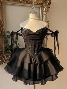 Lovelzi Elegant Glamorous Black Sequin 3D Applique Off-Shoulder Corset Boned Ruched Tiered Layered Ruffle A-Line Mini Dress Prom Homecoming Cocktail Party - Black - View 2