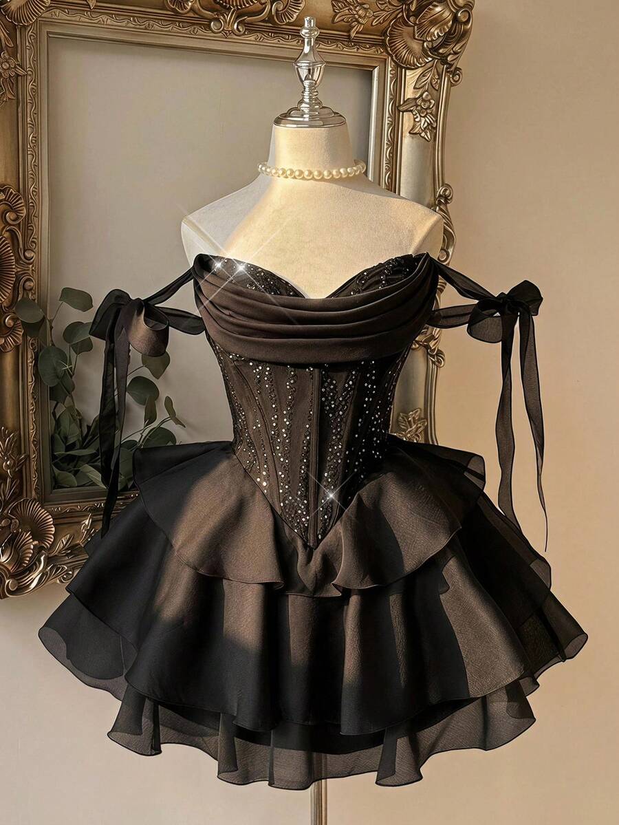 Lovelzi Elegant Glamorous Black Sequin 3D Applique Off-Shoulder Corset Boned Ruched Tiered Layered Ruffle A-Line Mini Dress Prom Homecoming Cocktail Party
