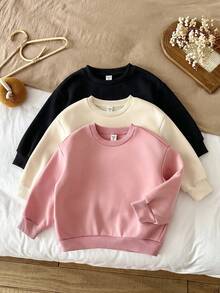 SHEIN LMoss Kids 女童 3件組 針織素色圓領寬鬆休閒秋季衛衣套裝 - 黑色 - 查看 7