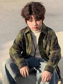 Dazy Kids Loose Plaid Long Sleeve Casual Autumn Turn Collar Shirt For Tween Boy - Army Green - View 6
