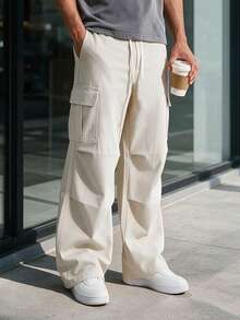 Manfinity Dauomo Men's Solid Color Drawstring Waist Cargo Wide Leg Loose Fit Long Pants - Apricot - View 3