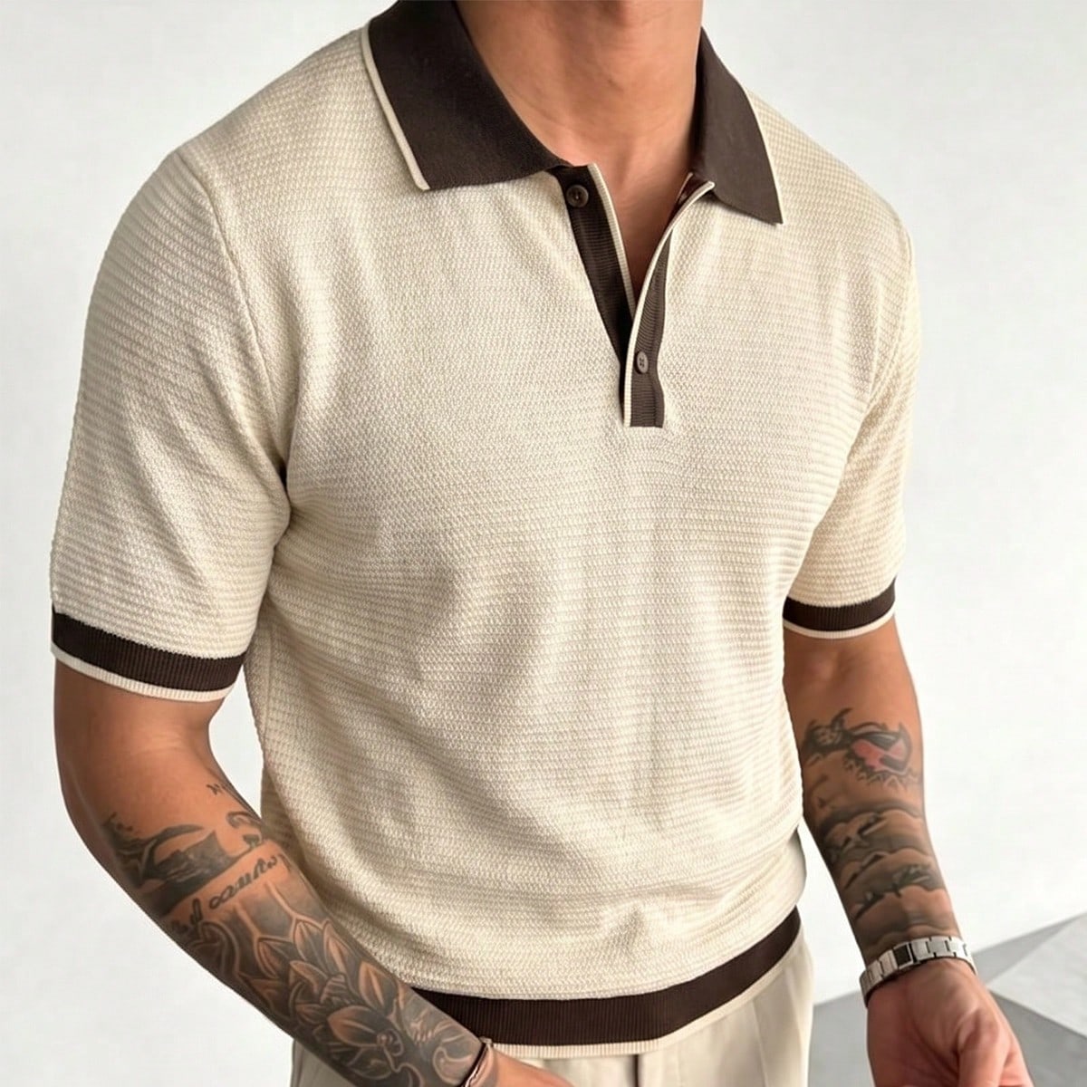 Old Money Style Beige & Brown Contrast Textured Knit Polo Shirt, Men's Summer Lightweight Casual Short Sleeve