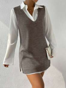 EURMUSE Women's Solid Color V-Neck Sleeveless Sweater Dress - Mocha Brown - View 4
