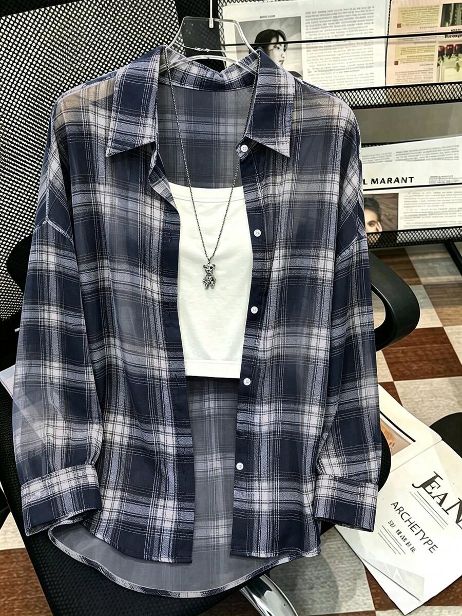 Resyla Plus Size Plaid Print Button-Front Casual Long Sleeve Shirt Fall - Blue - View 1