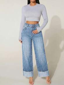 SHEIN PETITE 女款休閒水洗直筒牛仔褲 - 淺色水洗藍 - 查看 5