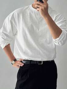DAZY Men's Long Sleeve White Collar Patchwork Triangle Solid Color Commuter T-Shirt Fall - White - View 1