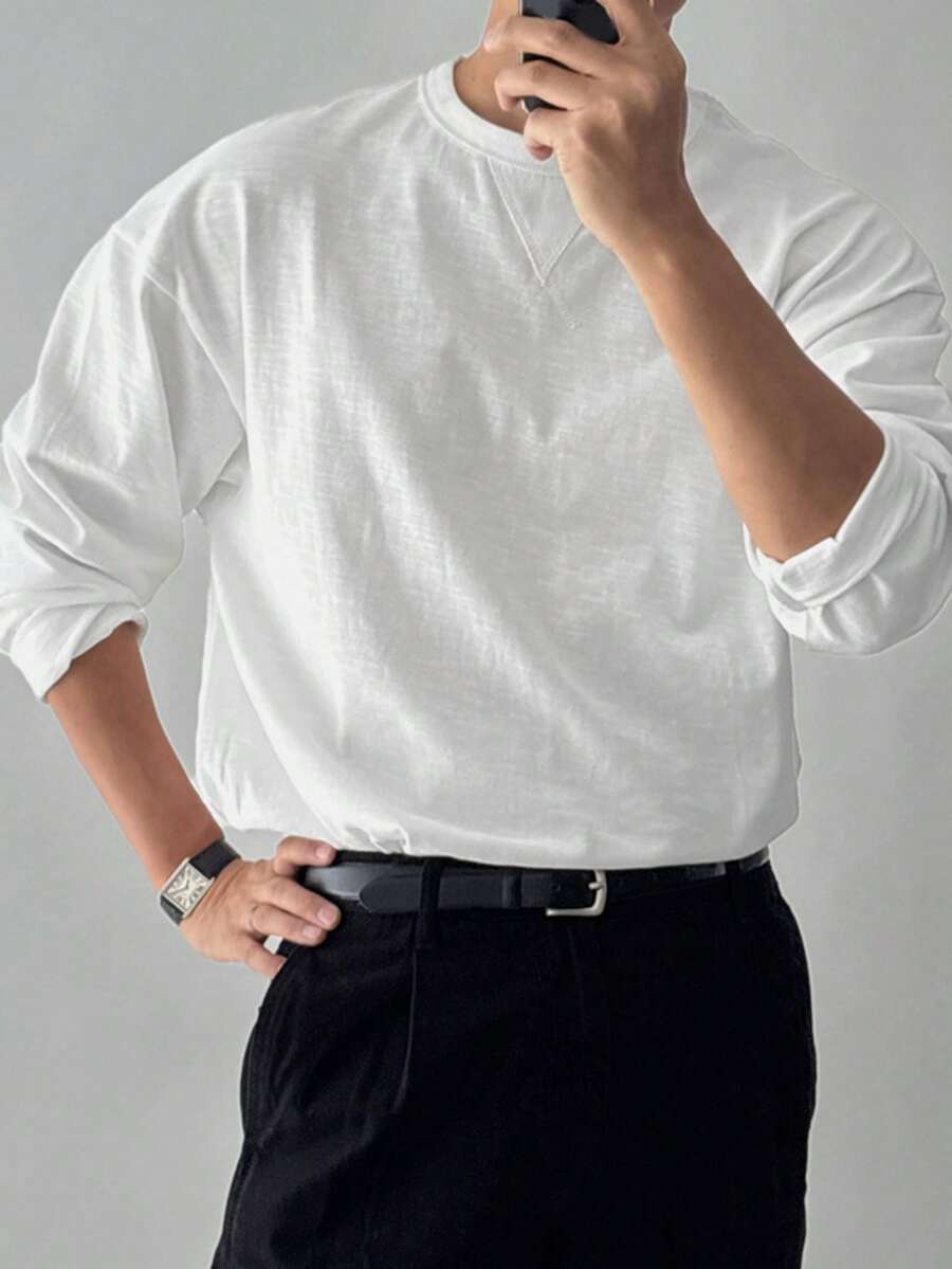DAZY Men's Long Sleeve White Collar Patchwork Triangle Solid Color Commuter T-Shirt Fall - White - View 1