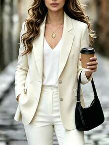 SHEIN Franclia New Summer Solid Color Minimalist Business Casual Professional Commuter Office Business Structured Business Blazer Teachers' Day Off-White - Apricot - View 4