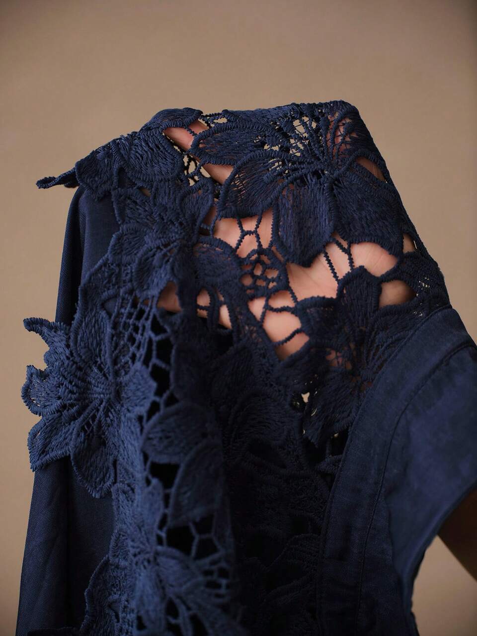 Anewsta Spring/Autumn Navy Blue Patchwork Hollow Lace Lapel Drape Satin Long Sleeve Blouse For Women, Suitable For Office, Commute, Daily Wear And Dating