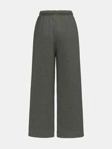 SHEIN 少女秋冬保暖內裡簡約寬鬆直筒運動長褲，深灰色素色，適合日常休閒穿著 - 深灰色 - 查看 8