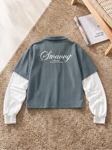SWAVVY Men's Letter Pattern 2 In 1 Patchwork Casual Daily Wear Shirt - Blue - View 1