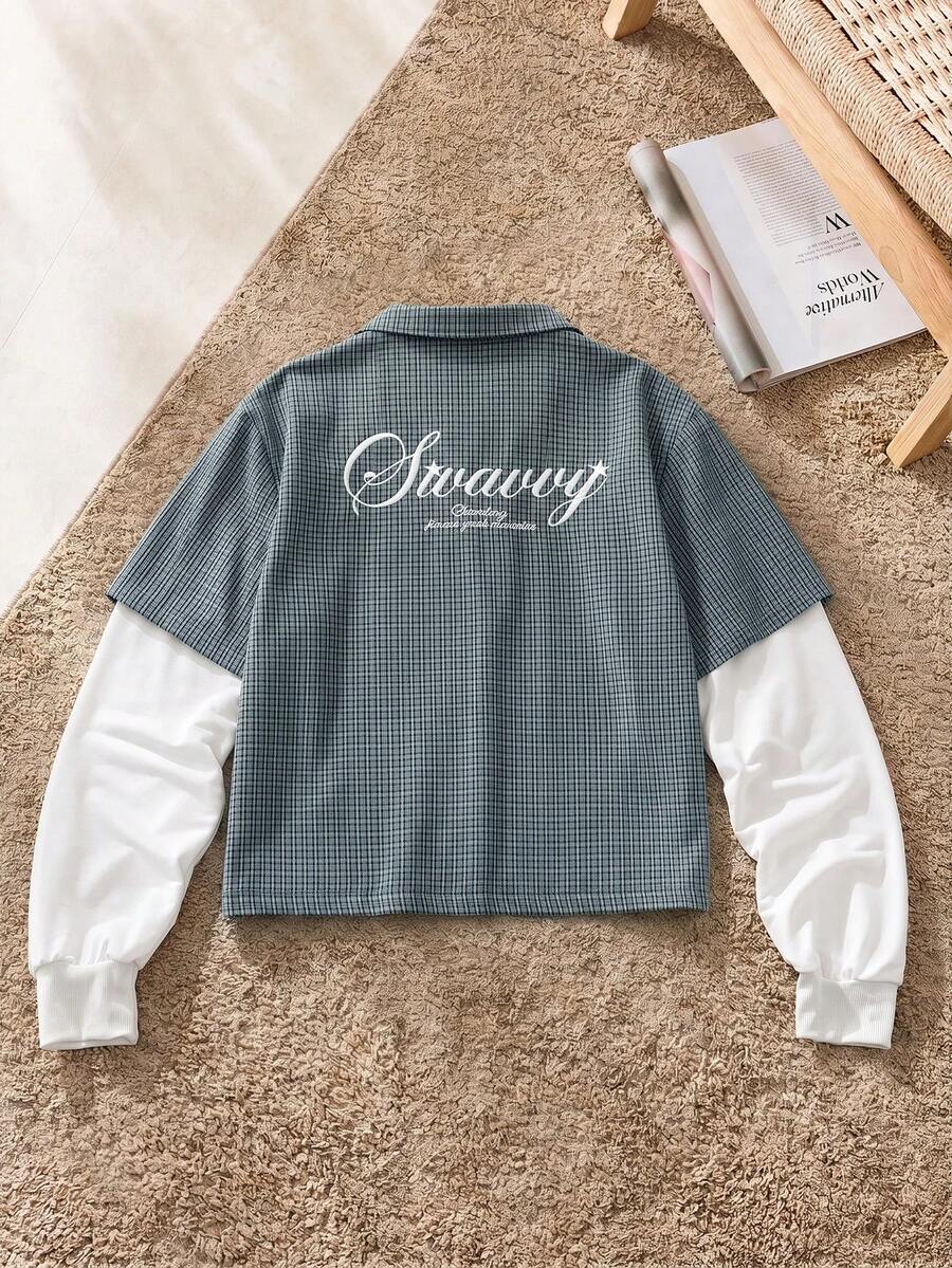 SWAVVY Men's Letter Pattern 2 In 1 Patchwork Casual Daily Wear Shirt - Blue - View 1