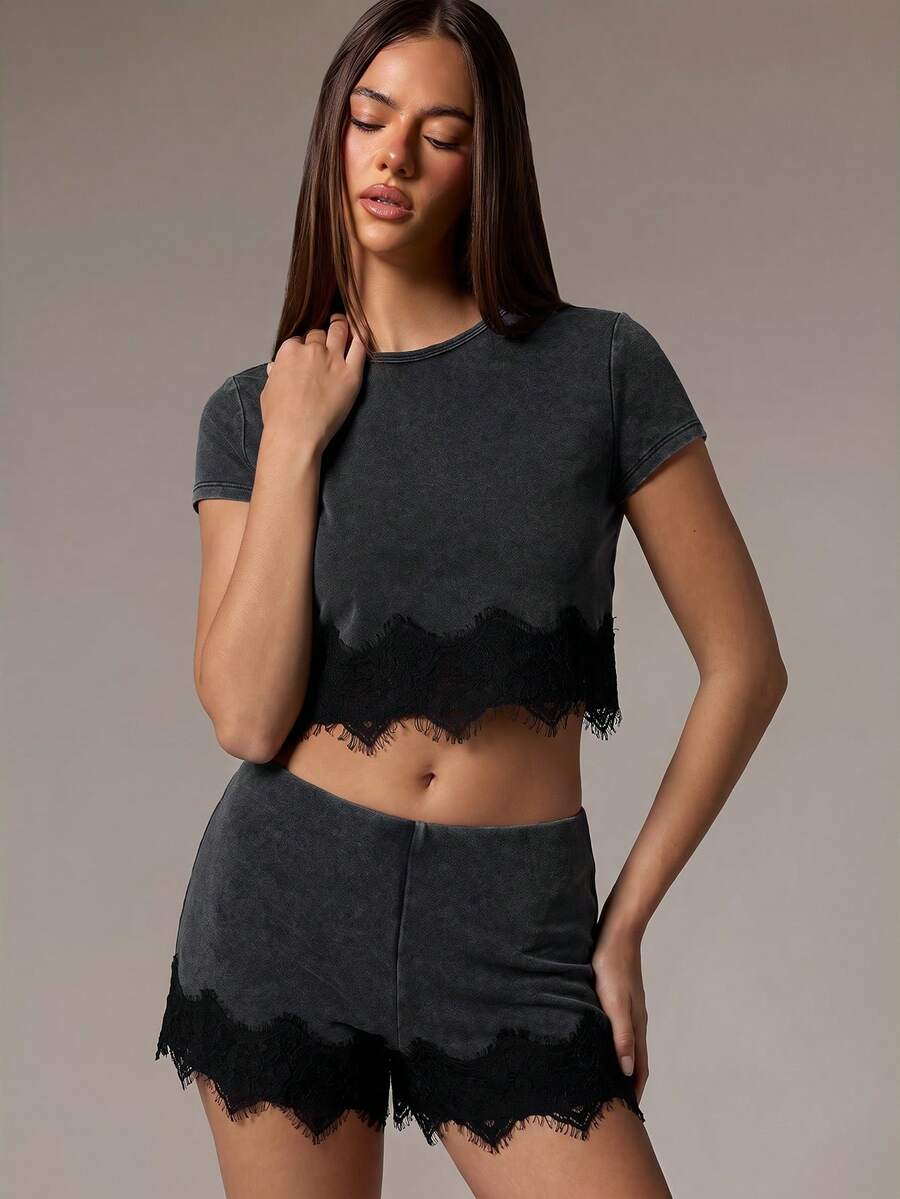 Athîral Women's Dark Grey Contrast Lace Acid Wash Cropped T-Shirt And Shorts Casual Sexy 2pcs Set Summer Clothes Going Out Lounge Club Night Out Streewear - Dark Grey - View 1