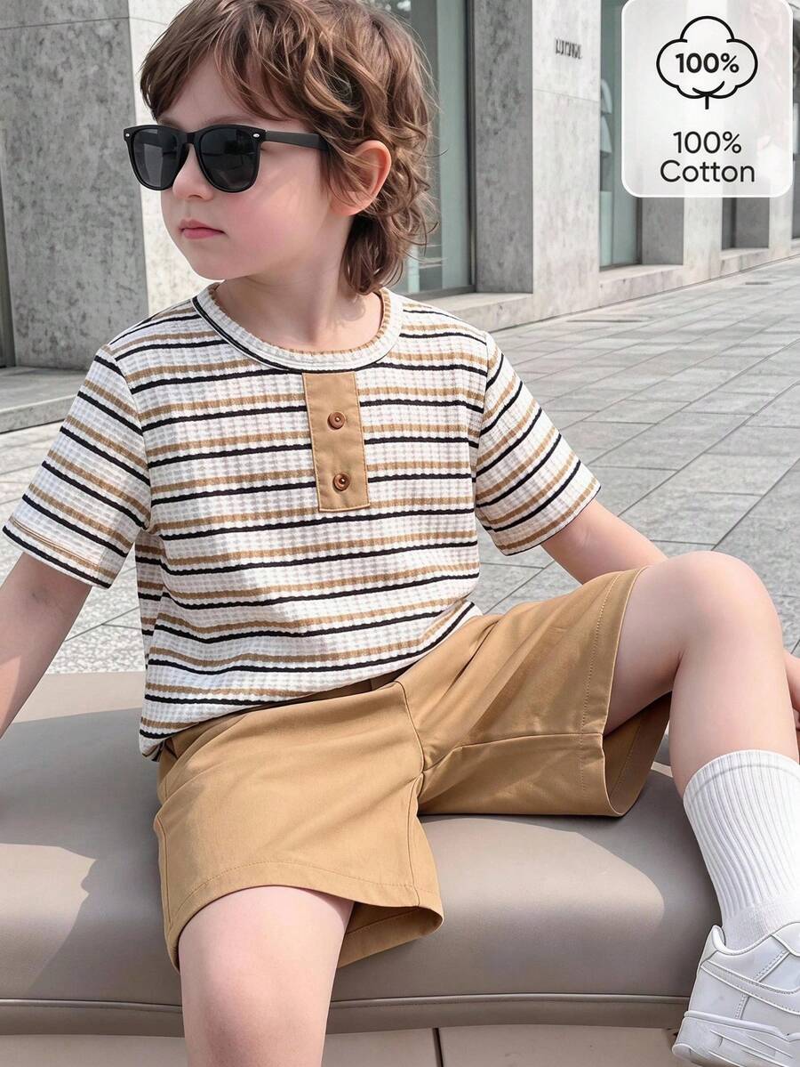 2pcs Boys Spring/Summer Striped Textured Short Sleeve Shirt & Shorts Set, Family Gathering, Beach Vacation - Multicolor - View 1