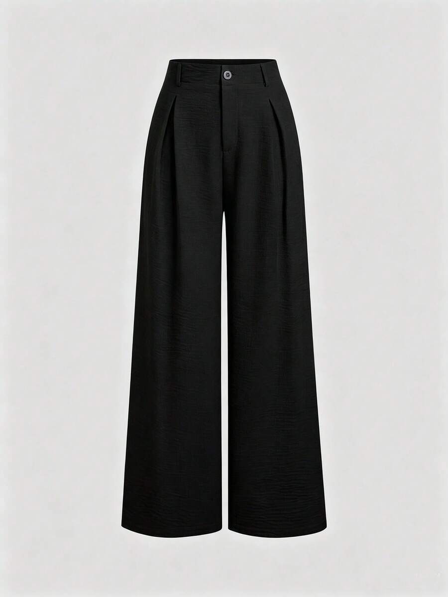 Sweetra Women's New Fashion Versatile Retro Elegant Textured Faux Linen Pleated Wide Leg Long Pants - Black - View 1