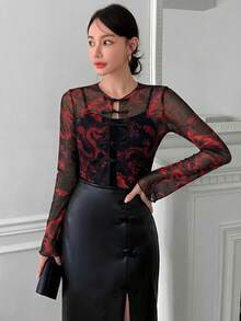 EastFlair Plus Size Women's Fashion Dragon Print Sheer Top Night Party Black Autumn Sexy Fall - Black - View 4