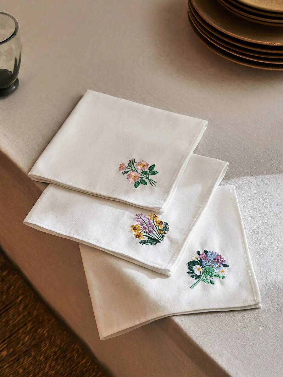 1件/3件裝花卉刺繡餐巾,白色復古手帕混搭款,可水洗餐桌墊 - 白色 - 查看 1