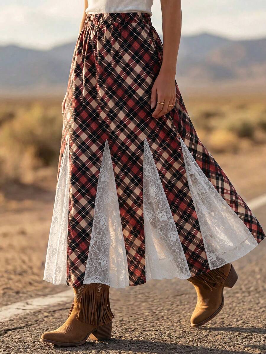 SHEIN LUNE Vintage Red Brown Plaid Contrast Lace Flowy Casual Daily Vacation Commute Date Wear Skirt - Red - View 1