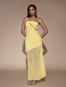SHEIN Glamour Light Yellow Sheer Mesh Bodycon Maxi Dress, Cutout Front Drawstring Asymmetric Split Skirt For Summer - Yellow - View 4