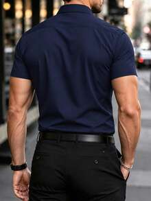 Manfinity Mode Men's Navy Blue Color Button-Up Short Sleeve Casual Formal Shirt, Daily Wear - Navy Blue - View 2