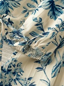 SHEIN CURVE+ Plus Size Floral Print Lantern Sleeve Casual Shirt - Blue - View 4