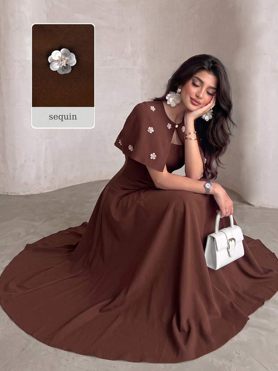 NOVVYNE Women's Brown Knitted Cardigan With 3D Beaded Embellishments, Elegant Romantic Small Shawl And Waist-Cinching A-Line Sleeveless Elegant Romantic Dress 2 Pieces Set - Apricot - View 1