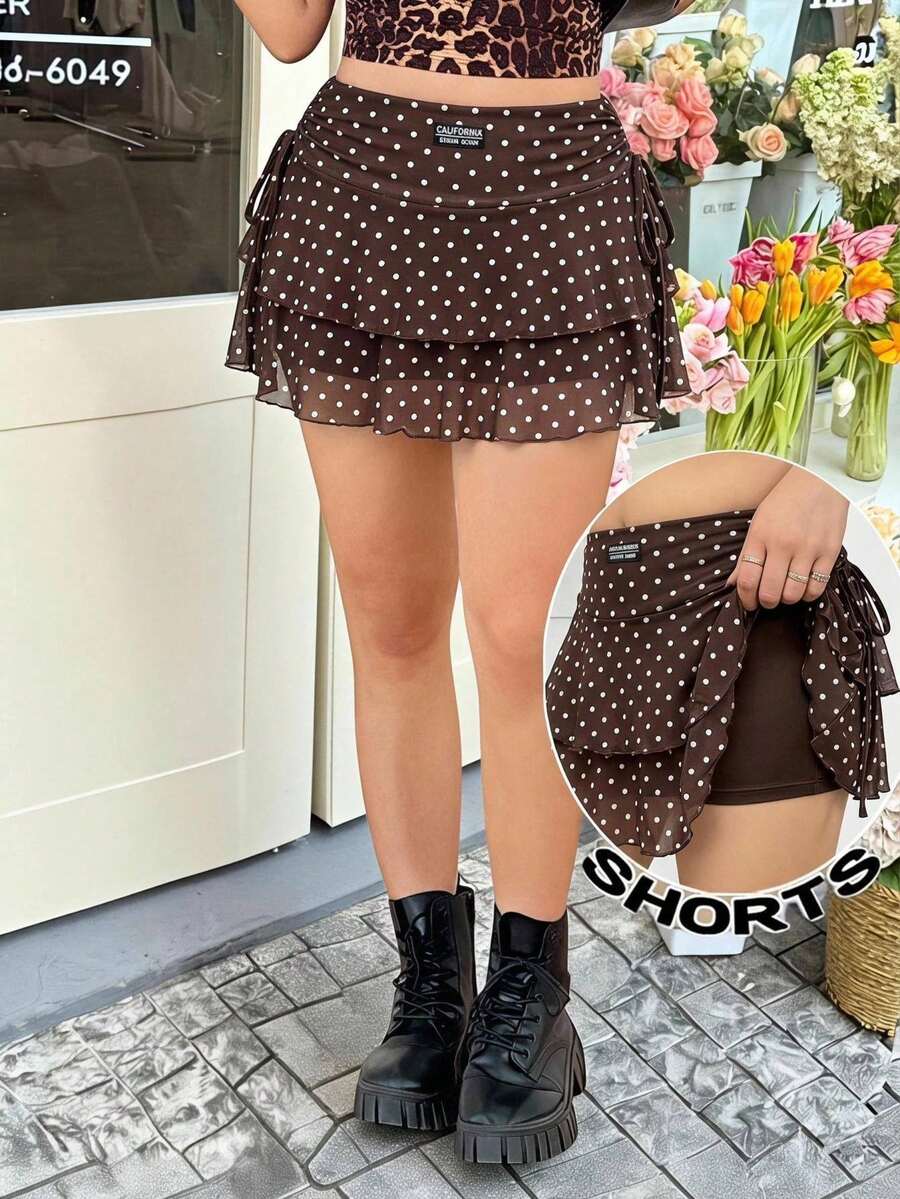 SHEIN EZwear 波點荷葉邊大尺碼女款裙 - 黑色 - 查看 1