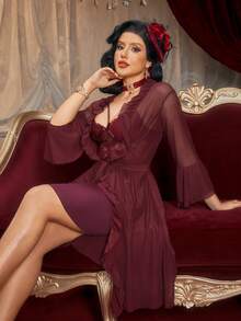 PinupPomp Women Elegant & Sexy Solid Color Lace Patchwork Spaghetti Strap Nightgown & Robe Set - Maroon - View 2
