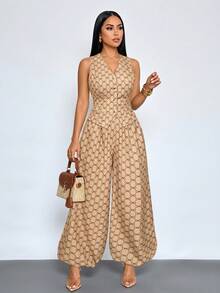 SOLERSUN Women's Old Money Aesthetic Geometric Print V-Neck Waistcoat & Lantern Pants With Pockets Suit - Khaki - View 4