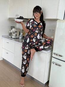 ZzzCrew Loose Comfortable Plus Size Loungewear, Halloween Fun Print Short Sleeve Long Pants Pajama Set - Multicolor - View 4
