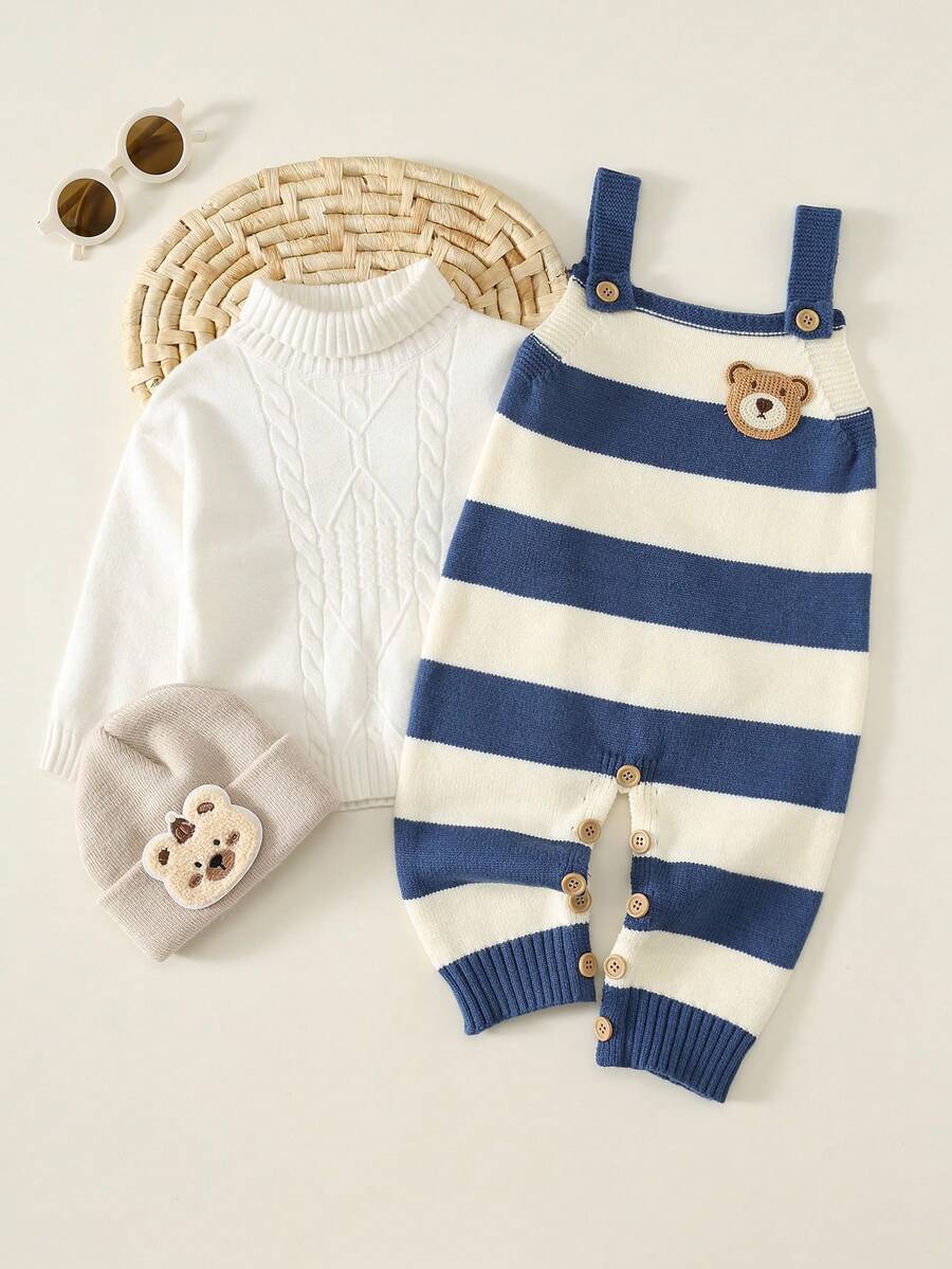SHEIN Baby Boy Cartoon Bear Patch Design Striped Knitted Overalls Fall And Winter Back To School Clothes - Multicolor - View 1
