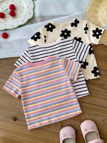 Baby Girls Simple Casual 3pcs Pieces Set Short Sleeve Top Suitable For Summer - Multicolor - View 5