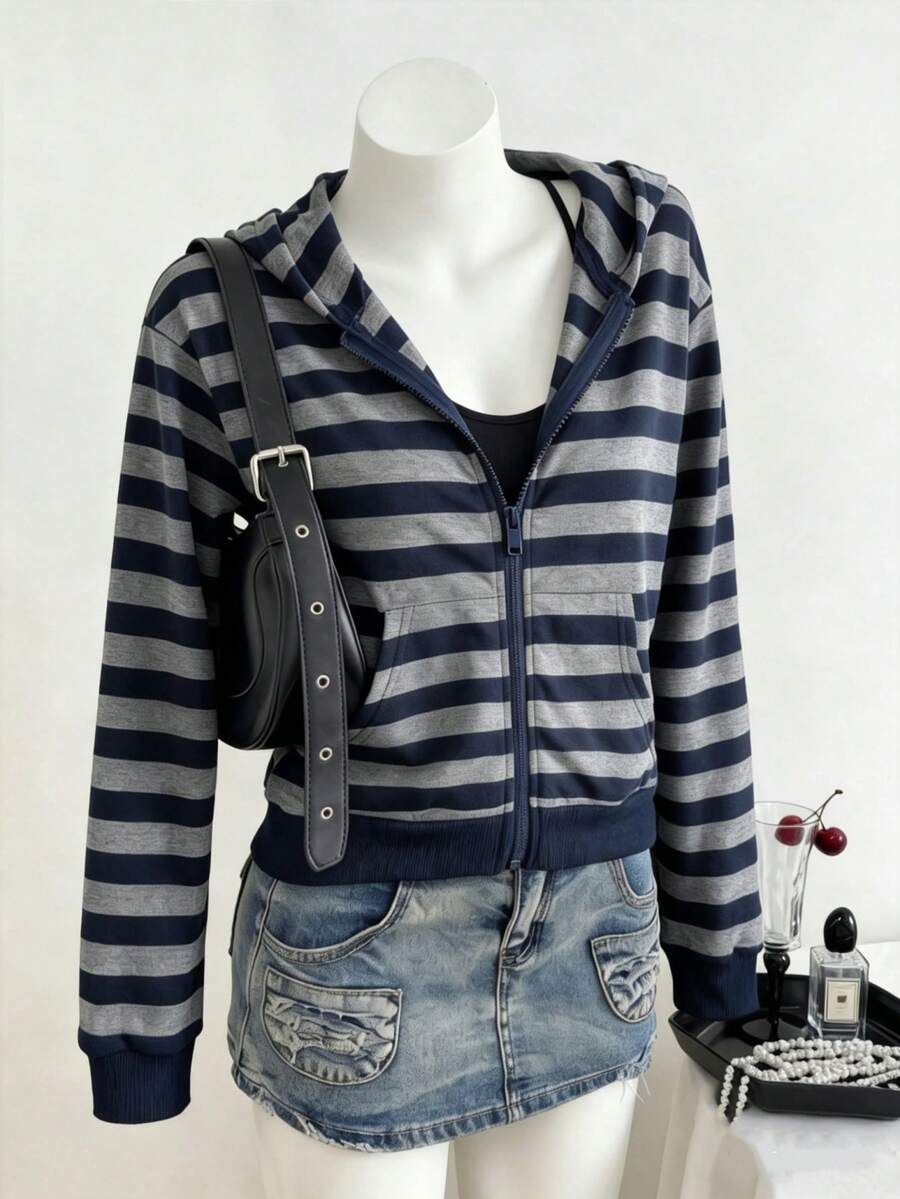 SHEIN Sparklyn 秋冬季青少年女孩條紋圖案連帽拉鍊外套-拼色混搭街頭風休閒款,保暖針織面料校園海軍藍 - 藍色 - 查看 1