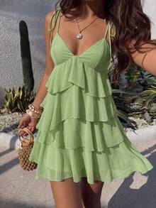 Aloruh Vestido mini de tirantes con volantes multicapa de color liso para mujer, ideal para vacaciones - Verde - Ver 6